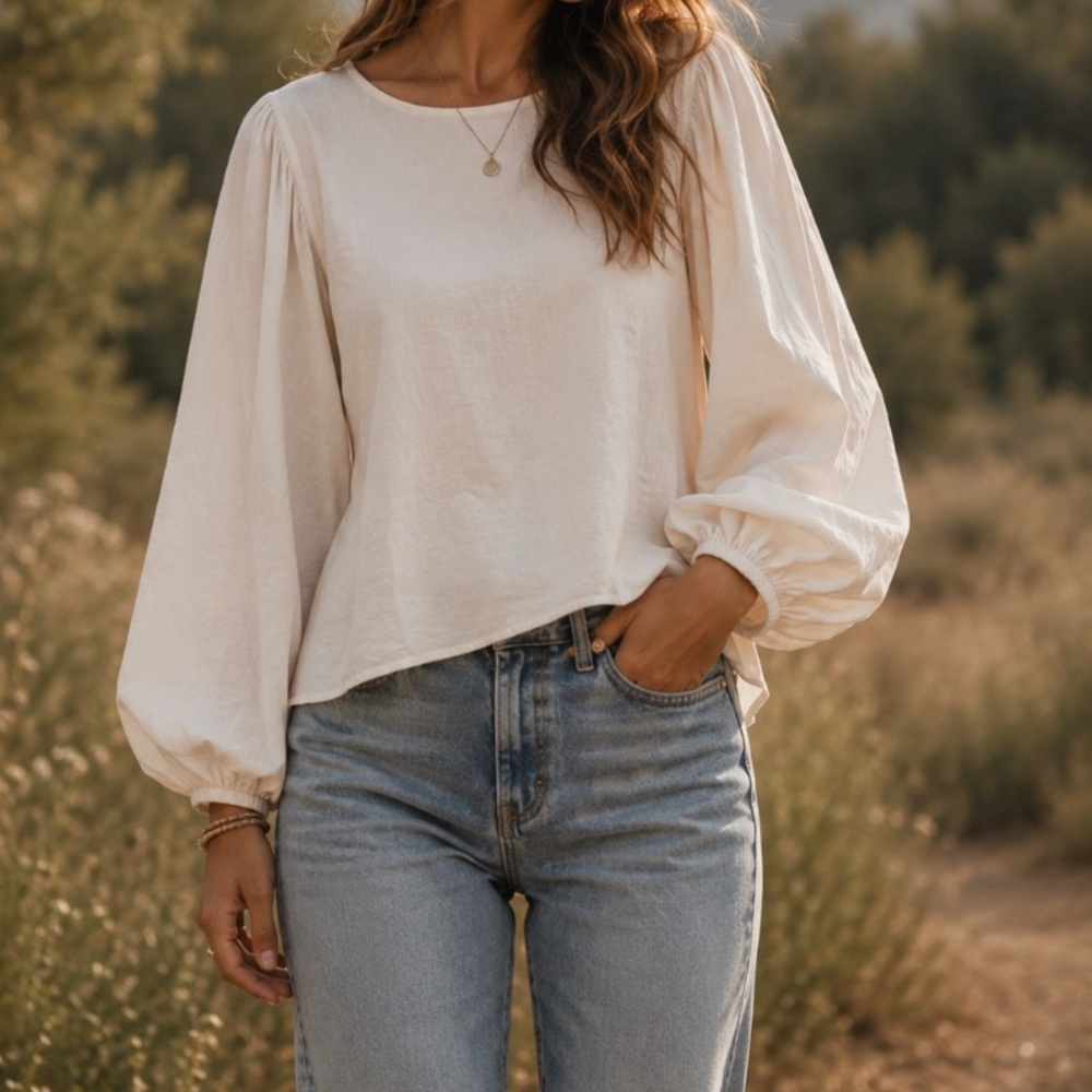 Women's Boutique Cream Beige Balloon-Sleeve Blouse butter soft S